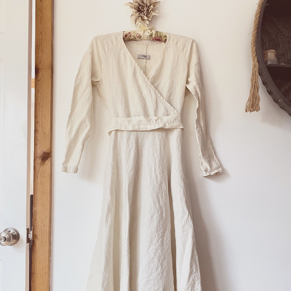 Handmade linen maxi dress with removable obi belt